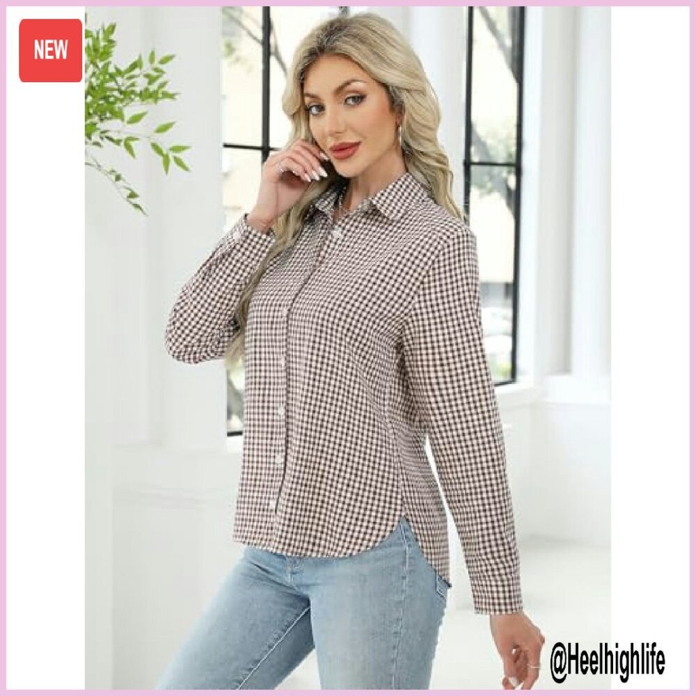 Women's Long Sleeve Button Down Shirt Cotton Loose Fit Blouse - Picture 5 of 8